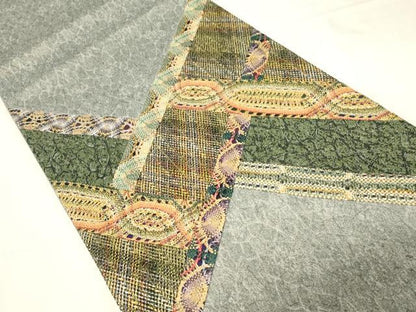 平和屋着物●太鼓柄袋帯 リボン織 切嵌幾何学文 銀通し地 正絹 逸品 CABC4681dy
