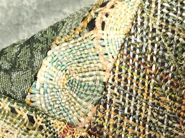平和屋着物●太鼓柄袋帯 リボン織 切嵌幾何学文 銀通し地 正絹 逸品 CABC4681dy