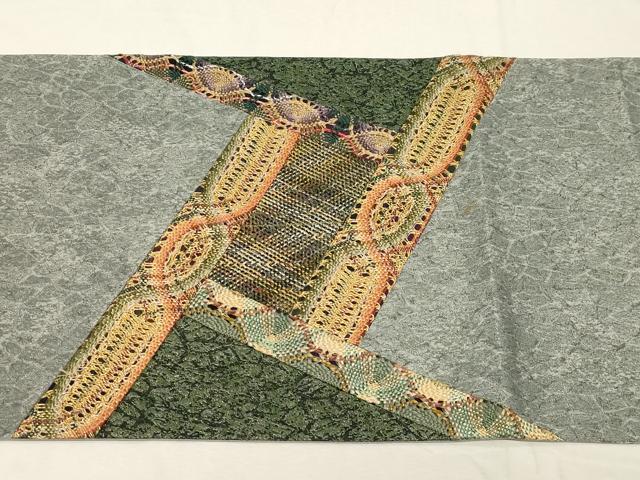 平和屋着物●太鼓柄袋帯 リボン織 切嵌幾何学文 銀通し地 正絹 逸品 CABC4681dy