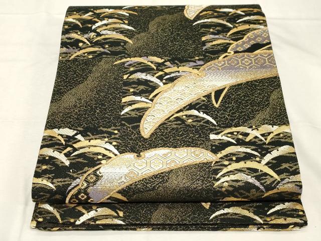 平和屋着物●京の名門 じゅらく謹製 六通柄袋帯 雪芝花文 黒地 金糸 さが美扱い 証紙付き 正絹 逸品 CABC4686dy