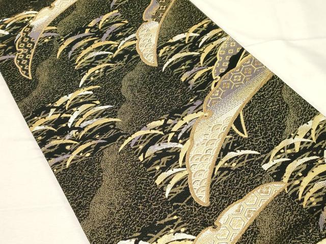 平和屋着物●京の名門 じゅらく謹製 六通柄袋帯 雪芝花文 黒地 金糸 さが美扱い 証紙付き 正絹 逸品 CABC4686dy