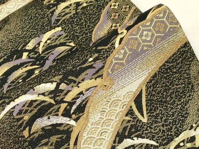 平和屋着物●京の名門 じゅらく謹製 六通柄袋帯 雪芝花文 黒地 金糸 さが美扱い 証紙付き 正絹 逸品 CABC4686dy