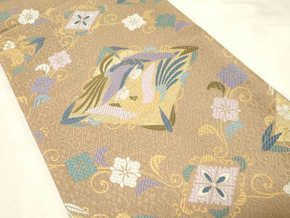 平和屋着物●西陣 六通柄袋帯 唐織 王朝装束 菱取り向い鳥文 金糸 証紙付き 正絹 逸品 正絹 逸品 未使用 CABC4687dy