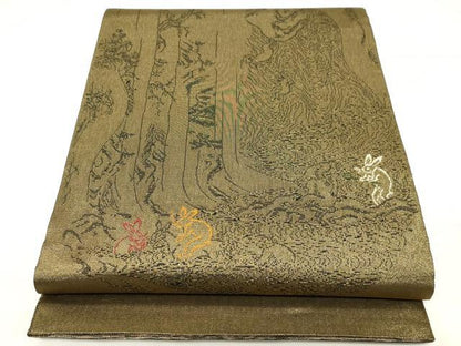 平和屋着物●西陣 鷹匠謹製 両面 太鼓柄袋帯 利休白茶 鳥獣戯画 金糸 正絹 逸品 CABC4691dy