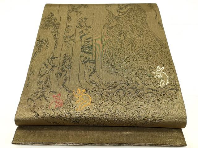 平和屋着物●西陣 鷹匠謹製 両面 太鼓柄袋帯 利休白茶 鳥獣戯画 金糸 正絹 逸品 CABC4691dy