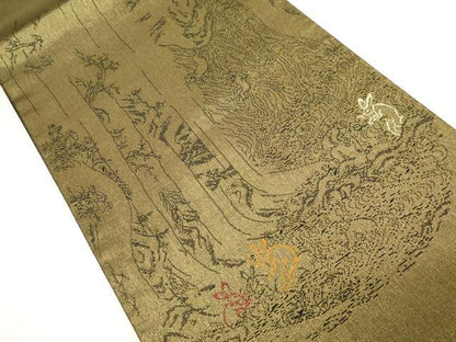 平和屋着物●西陣 鷹匠謹製 両面 太鼓柄袋帯 利休白茶 鳥獣戯画 金糸 正絹 逸品 CABC4691dy