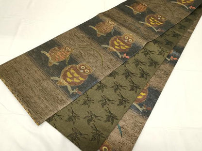 平和屋着物▽両面 六通柄袋帯 スリーシーズン 春夏秋 櫛織 梟 金銀糸 正絹 逸品 CABC4696dy