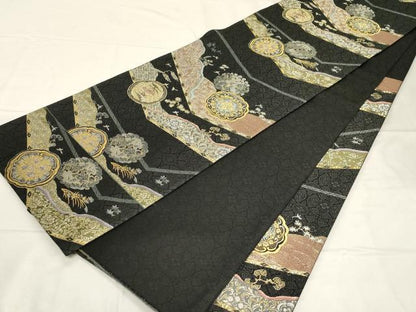 平和屋着物●六通柄袋帯 唐織 正倉院花鳥文 黒地 金銀糸 正絹 逸品 CABC4725dy