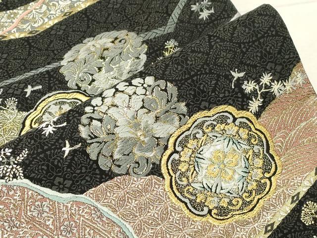 平和屋着物●六通柄袋帯 唐織 正倉院花鳥文 黒地 金銀糸 正絹 逸品 CABC4725dy