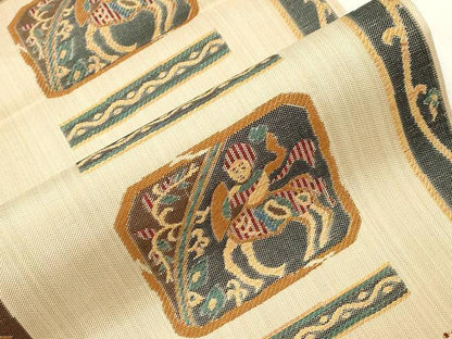 平和屋着物●六通柄 本袋帯 紬地 人物草花文 正絹 逸品 CABC4756dy
