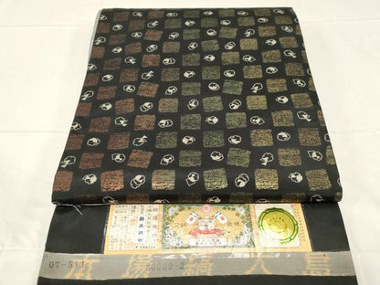 平和屋着物●両面 全通柄袋帯 本場縞大島紬 市松雪輪文 金彩 福永織物謹製 証紙付き 正絹 逸品 未使用 CABC4772dy
