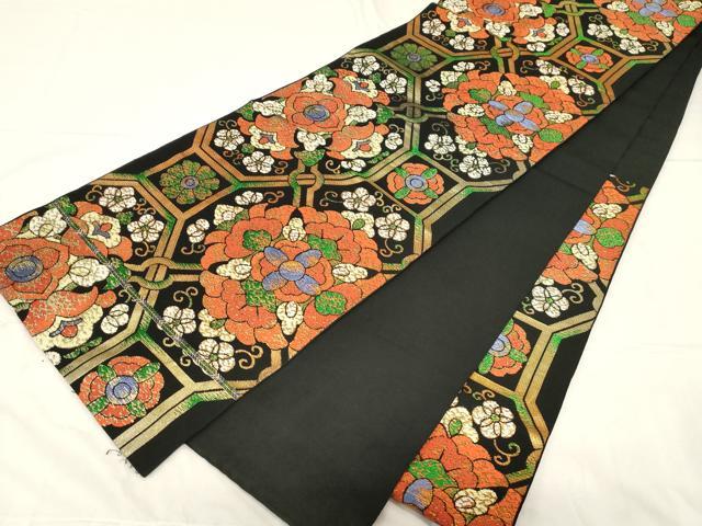 平和屋着物●六通柄 本袋帯 蜀江花文 黒地 金糸 正絹 逸品 CABC4774dy