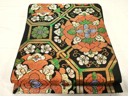 平和屋着物●六通柄 本袋帯 蜀江花文 黒地 金糸 正絹 逸品 CABC4774dy