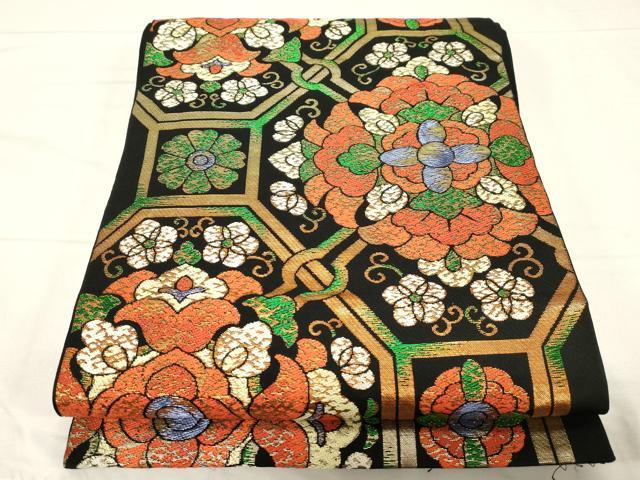 平和屋着物●六通柄 本袋帯 蜀江花文 黒地 金糸 正絹 逸品 CABC4774dy