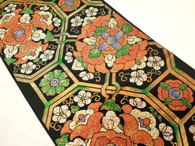 平和屋着物●六通柄 本袋帯 蜀江花文 黒地 金糸 正絹 逸品 CABC4774dy