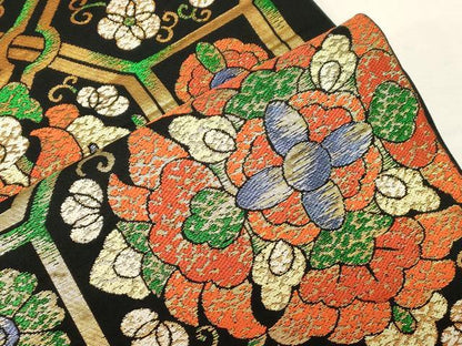 平和屋着物●六通柄 本袋帯 蜀江花文 黒地 金糸 正絹 逸品 CABC4774dy