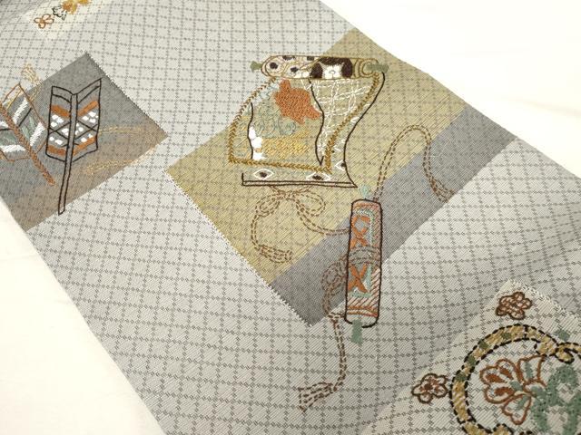平和屋着物●袋帯 総刺繍 刺し子 絵巻草花文 正絹 逸品 CABC4783dy