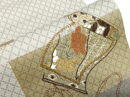 平和屋着物●袋帯 総刺繍 刺し子 絵巻草花文 正絹 逸品 CABC4783dy