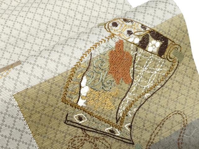 平和屋着物●袋帯 総刺繍 刺し子 絵巻草花文 正絹 逸品 CABC4783dy