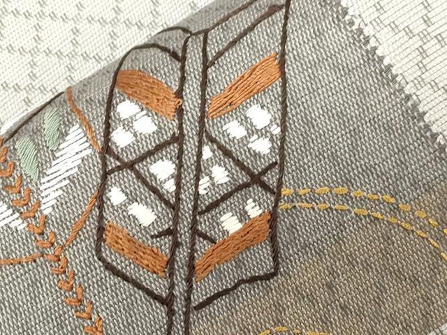 平和屋着物●袋帯 総刺繍 刺し子 絵巻草花文 正絹 逸品 CABC4783dy