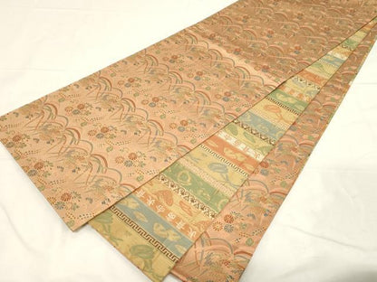 平和屋着物●名物裂一筋　西陣・あらいそ謹製　両面　全通柄袋帯　花鳥文　金糸　正絹　逸品　CABC4786dy
