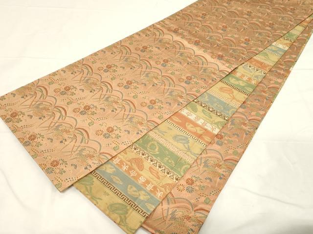 平和屋着物●名物裂一筋　西陣・あらいそ謹製　両面　全通柄袋帯　花鳥文　金糸　正絹　逸品　CABC4786dy