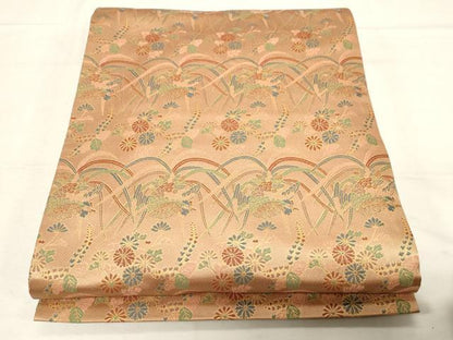 平和屋着物●名物裂一筋　西陣・あらいそ謹製　両面　全通柄袋帯　花鳥文　金糸　正絹　逸品　CABC4786dy