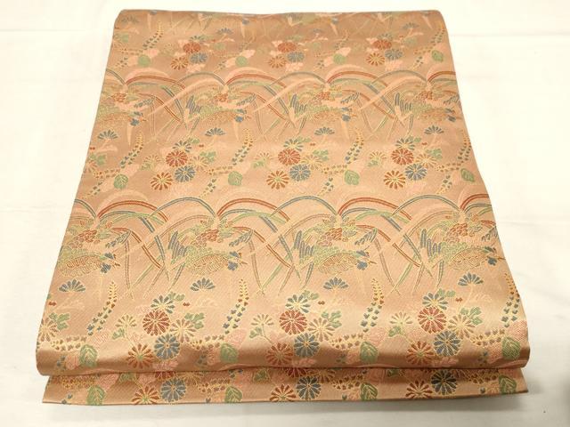 平和屋着物●名物裂一筋　西陣・あらいそ謹製　両面　全通柄袋帯　花鳥文　金糸　正絹　逸品　CABC4786dy