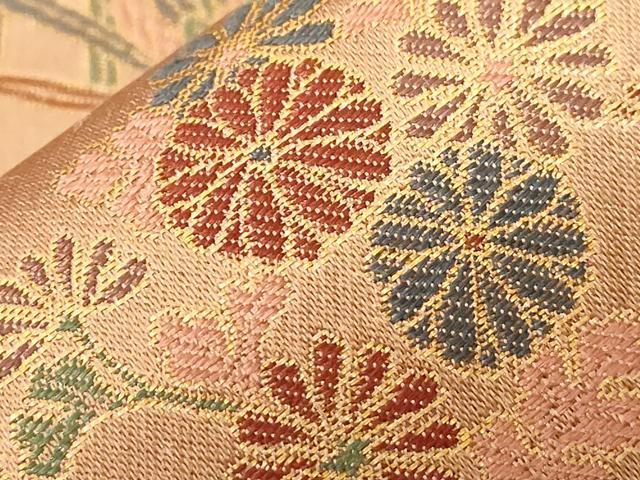 平和屋着物●名物裂一筋　西陣・あらいそ謹製　両面　全通柄袋帯　花鳥文　金糸　正絹　逸品　CABC4786dy