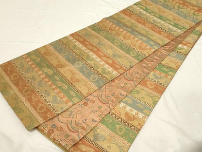 平和屋着物●名物裂一筋　西陣・あらいそ謹製　両面　全通柄袋帯　花鳥文　金糸　正絹　逸品　CABC4786dy