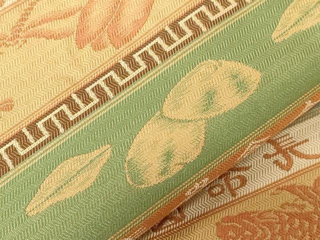 平和屋着物●名物裂一筋　西陣・あらいそ謹製　両面　全通柄袋帯　花鳥文　金糸　正絹　逸品　CABC4786dy