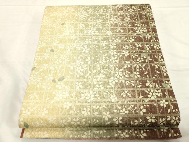 平和屋着物●両方向 全通柄袋帯 格子舞桜文 金通し地 正絹 逸品 CABC4789dy
