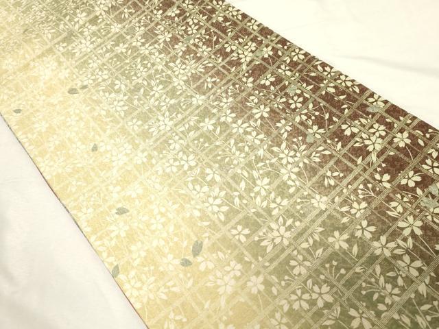 平和屋着物●両方向 全通柄袋帯 格子舞桜文 金通し地 正絹 逸品 CABC4789dy