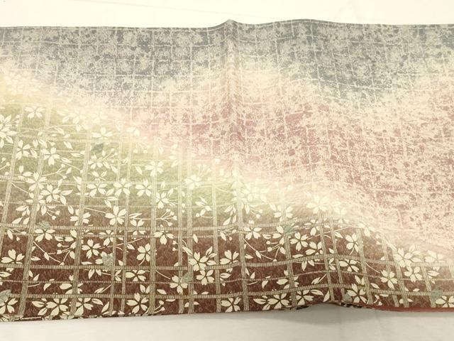 平和屋着物●両方向 全通柄袋帯 格子舞桜文 金通し地 正絹 逸品 CABC4789dy