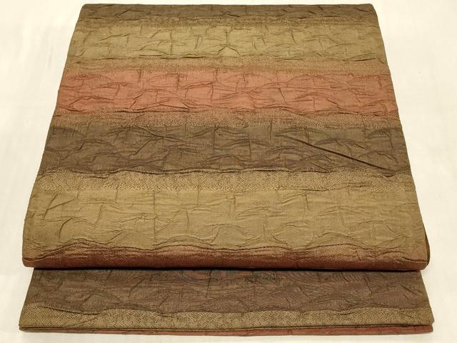 平和屋着物◎全通柄袋帯　ふくれ織　横段文　正絹　逸品　CABC4824in