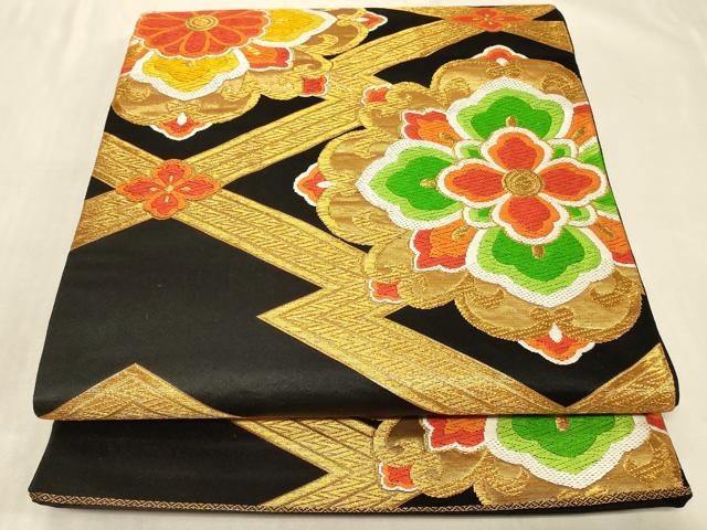 平和屋着物◎六通柄袋帯　唐織　正倉院花文　黒地　金糸　正絹　逸品　CABC4834in