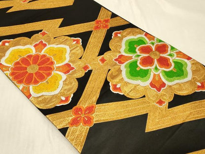 平和屋着物◎六通柄袋帯　唐織　正倉院花文　黒地　金糸　正絹　逸品　CABC4834in