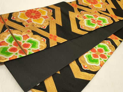 平和屋着物◎六通柄袋帯　唐織　正倉院花文　黒地　金糸　正絹　逸品　CABC4834in