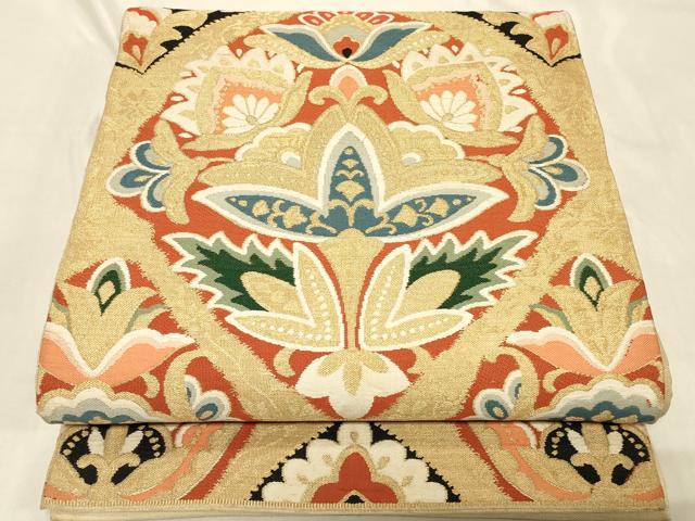 平和屋着物◎六通柄袋帯　更紗花文　金糸　正絹　逸品　CABC4836in