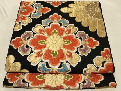 平和屋着物◎六通柄袋帯　唐織　花菱文　黒地　金糸　正絹　逸品　CABC4838in