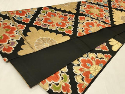平和屋着物◎六通柄袋帯　唐織　花菱文　黒地　金糸　正絹　逸品　CABC4838in