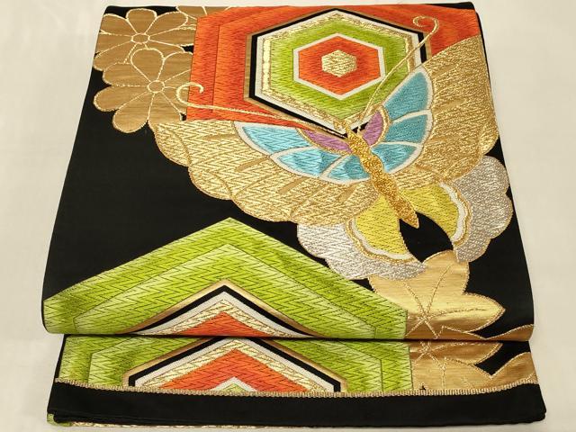 平和屋着物◎六通柄袋帯　亀甲舞蝶文　黒地　金銀糸　正絹　逸品　CABC4843in