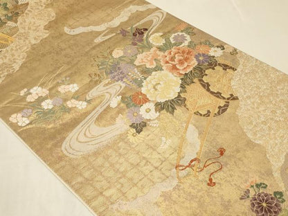 平和屋着物◎六通柄袋帯　唐織　流水花車文　金糸　鈴乃屋扱い　正絹　逸品　CABC4849in