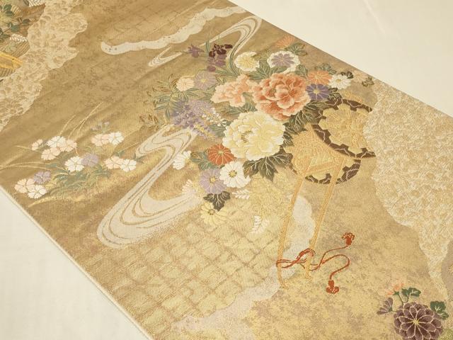 平和屋着物◎六通柄袋帯　唐織　流水花車文　金糸　鈴乃屋扱い　正絹　逸品　CABC4849in