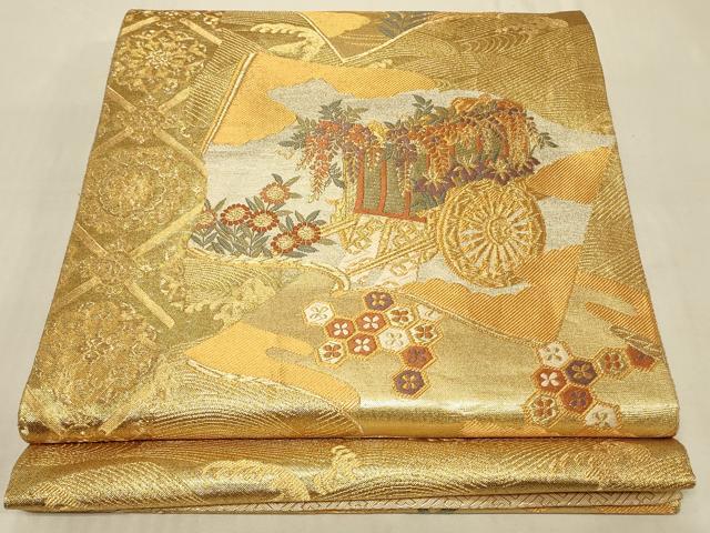 平和屋着物◎佐賀錦　六通柄袋帯　唐織　冊子御所車花文　金糸　正絹　逸品　CABC4860in