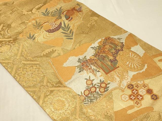 平和屋着物◎佐賀錦　六通柄袋帯　唐織　冊子御所車花文　金糸　正絹　逸品　CABC4860in