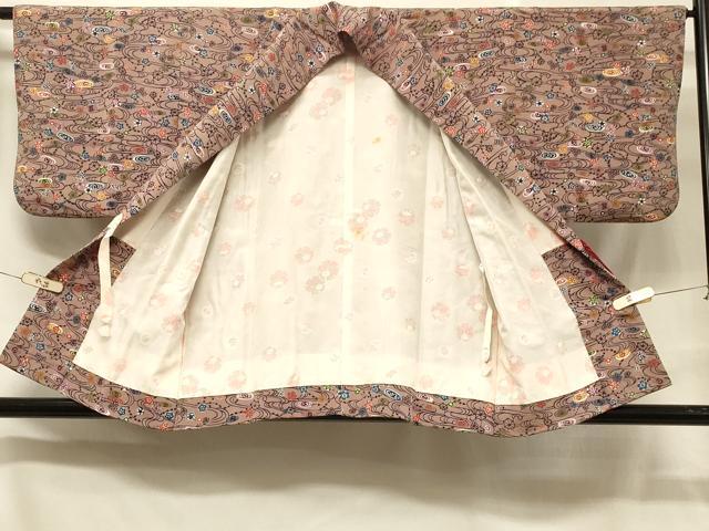 平和屋着物＃道中着　型染め　流水草花文　鬼しぼ縮緬　正絹　逸品　CABC4930in