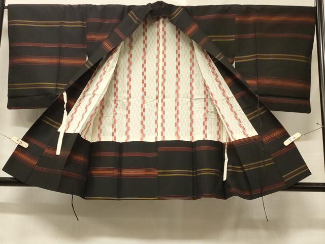 平和屋着物＃道中着　紬地　横段文　黒地　やまと誂製　正絹　逸品　CABC5064in