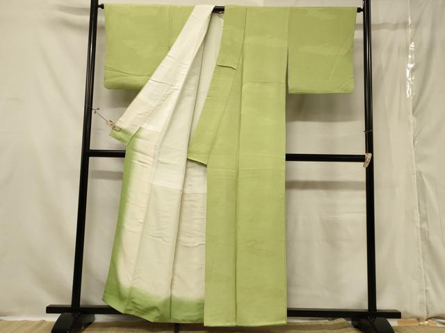 平和屋着物□上質な色無地 雲取り吉祥地紋 抹茶色 正絹 逸品