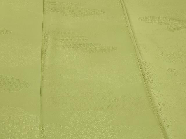 平和屋着物□上質な色無地 雲取り吉祥地紋 抹茶色 正絹 逸品